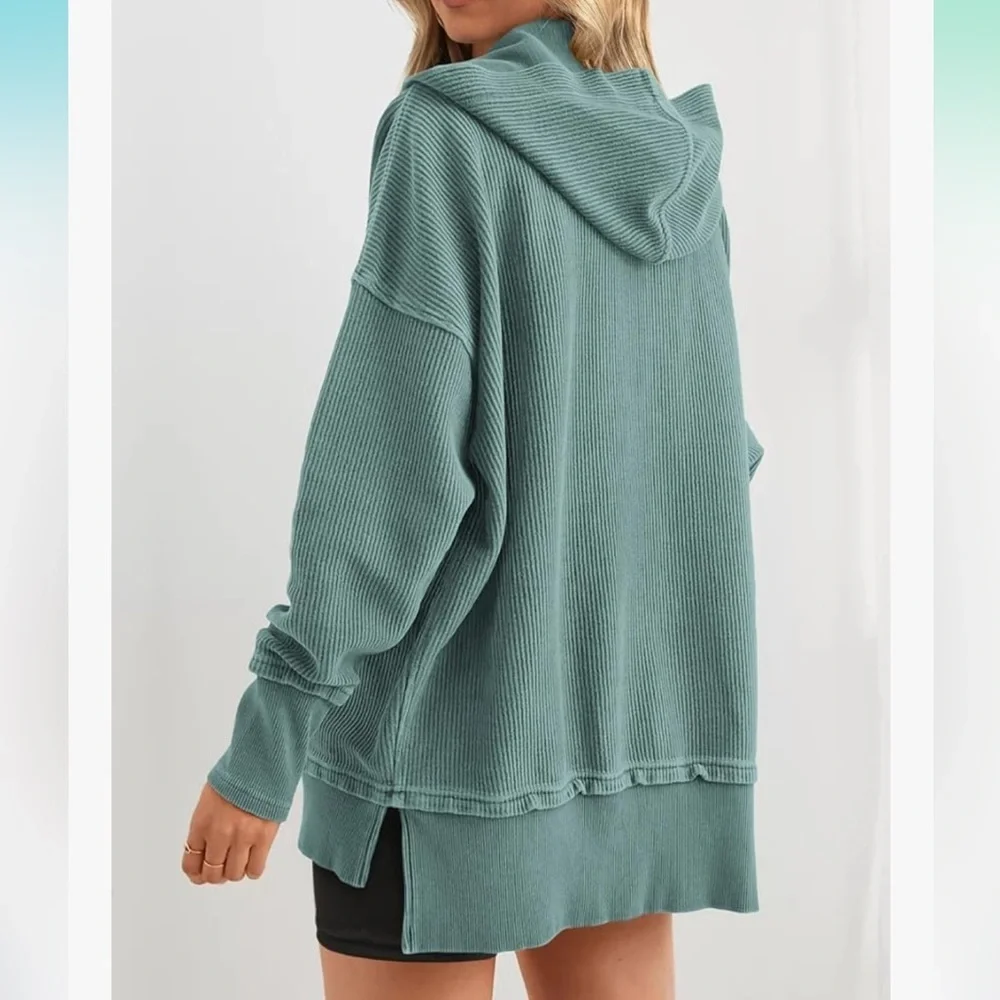 Women's Teal Button-Up Ribbed Hoodie sz M - Picture 3 of 8